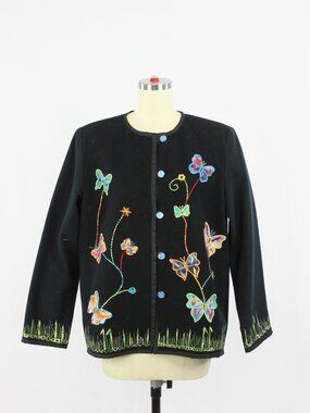 Vintage 90's ALLURE Black Butterfly Embroidered Cotton Canvas Jacket, Size S